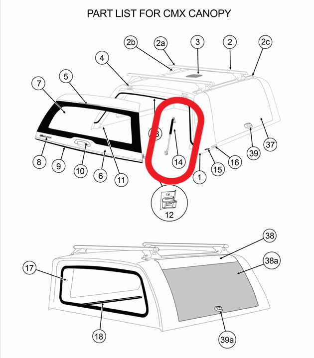 Alpha CMX AMAROK Canopy Rear Lift Up Window Gas Struts & Brackets Stabilus